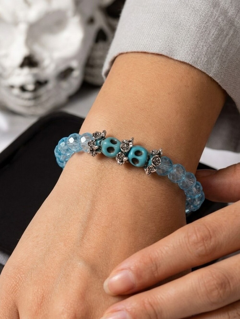 Handcrafted Blue Glass Bead Bracelet With Silver Accents